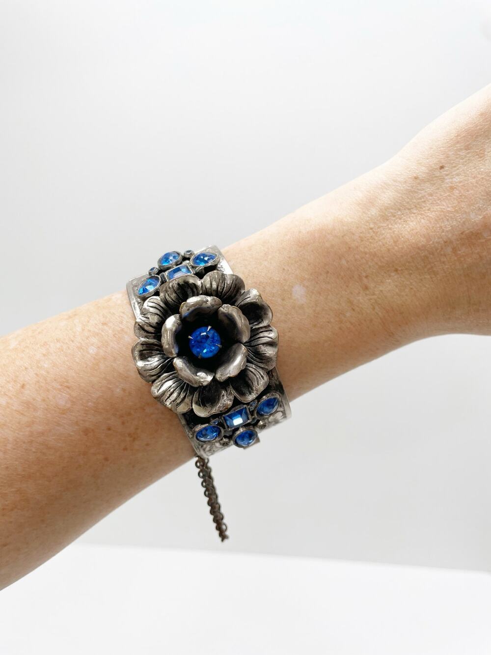 Vintage Ornate Flower Cuff Silver With Blue Stones Bohemian Bracelet